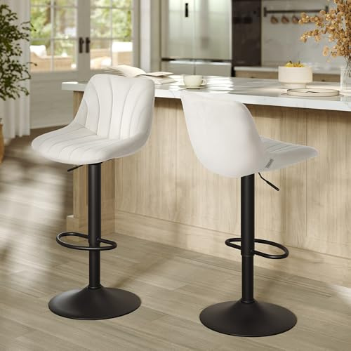 VASAGLE Barhocker 2er Set, drehbar, höhenverstellbar, Samt | Küchenhocker mit Rückenlehne und Fußstütze, Esszimmer, Theke, Stahl, cremeweiß, TYRA Kollektion LJB161WD01