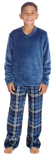 Pyjamas d'hiver longs en molleton super doux Undercover pour garçons et enfants - Ensemble de nuit PJ, Carreaux denim, 9-10 ans