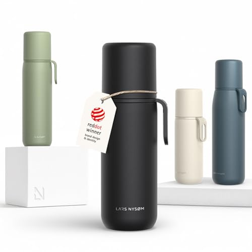 LARS NYSØM Botella Térmica de Acero Inoxidable - Isotérmica de Doble Pared con Taza y Correa, Metálica Hermética para Viaje, Oficina y Exterior (Carbon Black, 500ml)