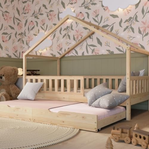 Crazy Pine Montessori Hausbett mit Ausziehbett Crazy House 90x200 cm Natur