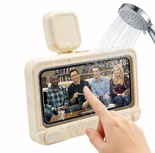 Shower Phone Holder Waterproof 360° Adjustable Rotating, Anti-Fog Touch Screen Wall Mount Phone Stand for Bathroom Mirror Bathtub Kitchen, Fits iPhone 17 16 15 Pro Max for 4-7 Cellphones Beige