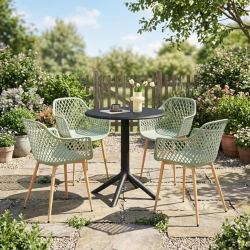 DazzlerE Runder Esstisch mit 4 Stühlen Set, Gartentisch Rundfür Garten, Balkon, Terrasse, Tisch Ø 60 cm + 4 Graugrün Sessel