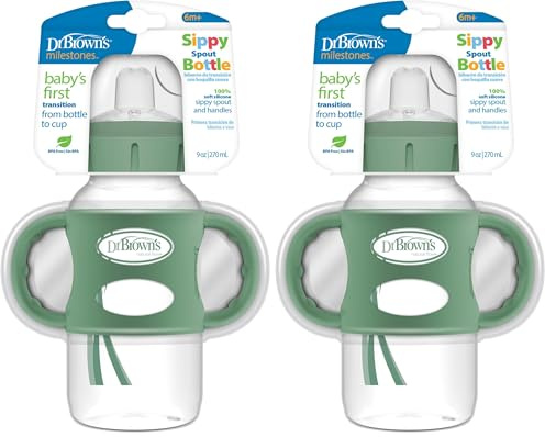 Dr. Brown's Milestones Wide-Neck Sippy Bottle with 100% Silicone Handles, Easy-Grip Bottle with Soft Sippy Spout, 9oz/270ml, 6m+, Khaki Green, 2-Pack, BPA Free