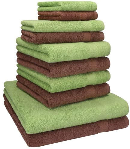 Betz 10-TLG. Handtuch-Set Classic 100% Baumwolle 2 Duschtücher 4 Handtücher 2 Gästetücher 2 Seiftücher Farbe apfelgrün und nussbraun