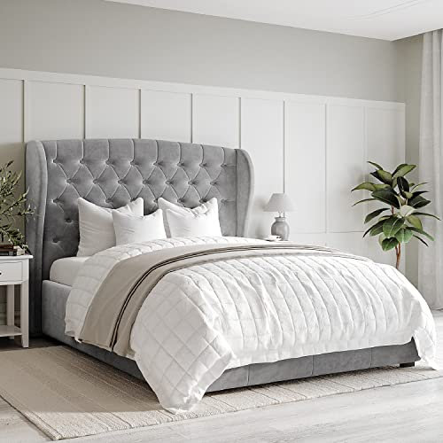 Safina Grey Velvet Double Ottoman Bed with Winged Headboard