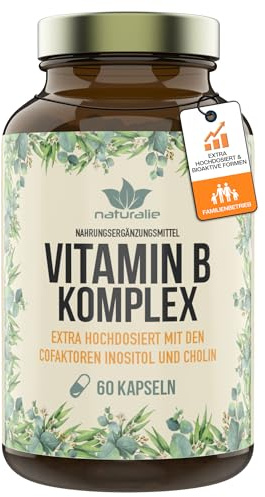 naturalie® - Vitamin B Komplex Kapseln | hochdosiert mit allen bioaktiven B-Vitaminen + Cofaktoren (Cholin, Inositol) | schadstoffgeprüft | ohne unnötige Zusatzstoffe | 60 Kapseln im Braunglas
