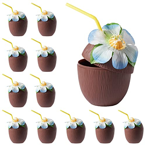 THE TWIDDLERS 12 Vasos de Coco de Plástico Reutilizables con Flores y Pajitas de Papel - Fiestas en la Piscina y la Playa, Tiki Bar, Fiesta Luau con Temática Hawaiana, Bodas Tropicales