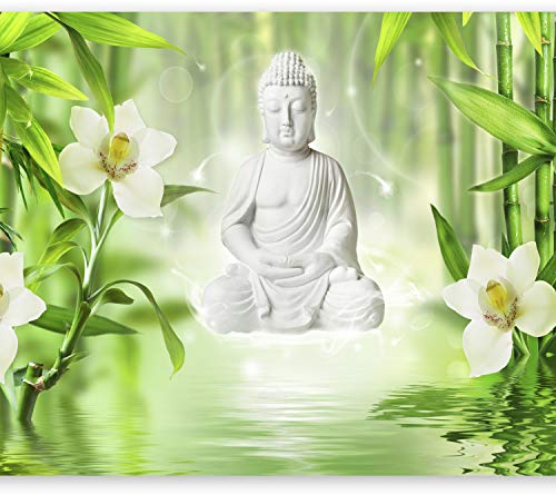 murando Fototapete selbstklebend Buddha 147x105cm Foto Tapete Tapetenfolie Möbelfolie Wandverkleidung Wandtapete Motivtapeten Bildtapete Wohnzimmer 3d Effekt Blumen Orchidee Bambus Zen grün Oriental