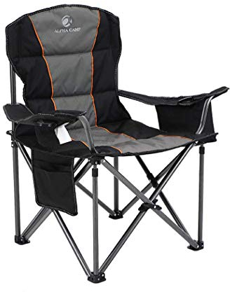 ALPHA CAMP Portable Folding Oversized Camping Chairs with Cup Holder and Cooler Bag - Heavy Duty Steel Frame Support 200 KG (Dark black)