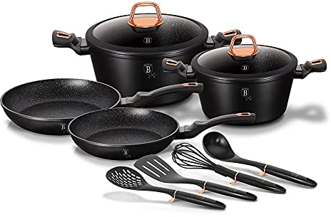 Berlinger BH/6149 Haus Black Rose Kochtopf Set Induktion 10-Teiliges, Antihaft PFOA-frei Marmor, Aluminium, Set 2 Töpfe, 2 Glasdeckel, 2 Bratpfannen, 4 Küchenutensilien, Modernes Design, Glaskeramik, Gas