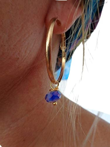 ✿ 3,5 CM BREITE GOLD CREOLEN MIT MILLEFIORI KRISTALL IN BLAU ✿ OHRRINGE RUNDE HAKEN mit Glasanhänger