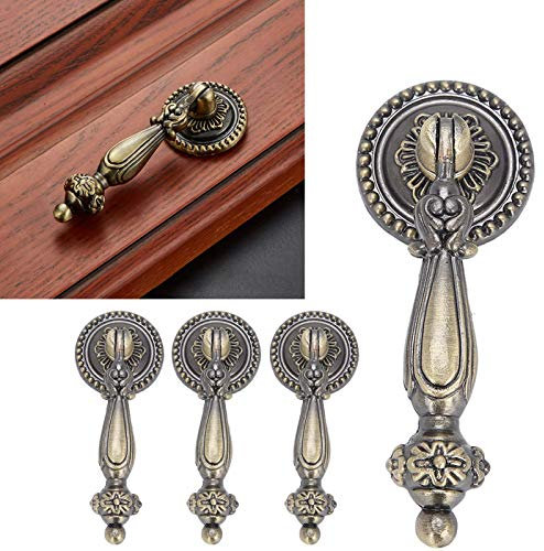 GAESHOW 4Pcs Drawer Handles, Vintage Cabinet Knobs, Antique Brass Knobs Bronze Handles Single Hole Decorative Pull Vintage Drop Drawer Pull Handle with Mounting Screws