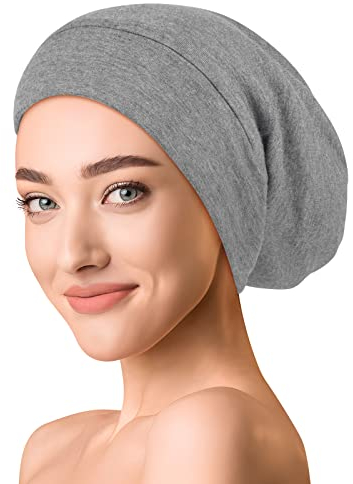 OLESILK Seide & Baumwolle Slouch Beanie Mütze Schlafhaube Seide Chemo Kopfbedeckung dünne leichte und weiche Laufmütze Strickmütze Unisex Jersey Sommermütze verstellbar für Damen & Herren, Hellgrau