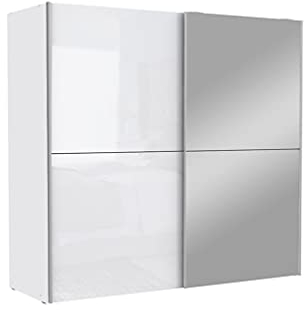 JEIK Kleiderschrank mit 2 Schiebetüren, 5 Einlegeböden, Hochglanz-Weiß