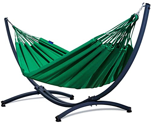 Potenza Outdoor Hängematte mit Gestell für 2 Personen I Merida- Baumwolle Doppelhängematte XXL 220x160, 220kg I Hängemattengestell 220kg, wetterfest (Grün, Basic Gestell Graphit)
