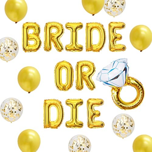Goldene Junggesellenabschiedsdekorationen – Bride or Die Balloon Banner Diamond Ring Folienballon für Junggesellinnenabschiedsparty Brautparty Supplies Kit