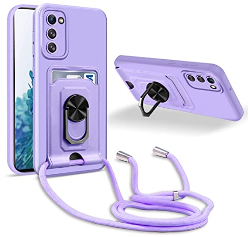 JMstore Handykette Schutzhülle Kompatibel mit Samsung Galaxy S20 FE 4G/5G,360° Ring Ständer magnetisches Eisenblech+Kartenfach Kameraschutz Stoßfester Silikon hülle-Lila