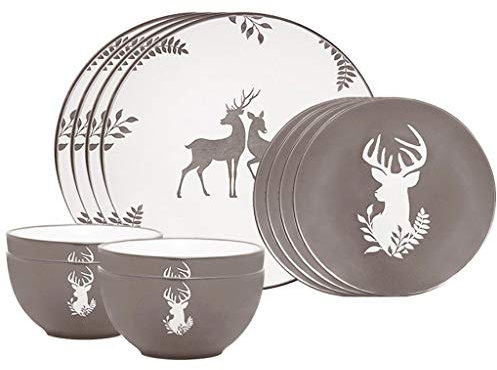 12 Piece Christmas Dinner Set Dishwasher/Microwave Safe Grey & White Hand Painted Stoneware Crockery Dinner Service for Four - 4 Place Settings of Bowl, Side Plate & Dinner Plate