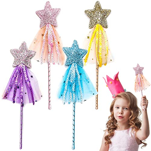 LiUiMiY Lot de 4 Princesse Baguette Étoile Fille Magique Baguette de Fee Pailleté pour Fête d'anniversaire Noël Halloween