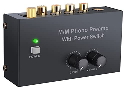 LiNKFOR Compact Phono Preamplifier for MM Turnable Preamp with Volume Control and Power Switch RCA Input to RCA and 1/4'' TRS Output Low Noise with DC 12V Certified Power Adapter