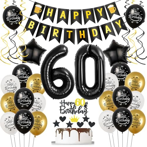 Luftballons 60. Geburtstag Schwarz Golden, Geburtstagsdeko 60 Jahre Mann Frauen, Ballon 60. Geburtstag, Folienballon Zahl 60, deko 60. geburtstag Frauen, Schwarz Tortendeko 60 Mann Deko