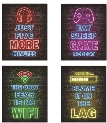AIYONG 4 Stück Gaming Zimmer Deko Bilder, Poster Wand für Gamer Jugendzimmer, Neon Wandbild, Kunstdruck Wandbilder, Gamepad Gaming Deko Design, Wandbilder für Playstation Zimmer Schlafzimmer Deko