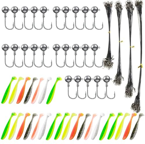 Armastuse Armastuse 90 Stück, Kunstköder, für Salz- und Süßwasserfische,Tungsten Jigköpfe, bleifreie Jig-Haken Set, für Gummifische & Gummiköder, zum Angeln auf Barsch, Zander & Hecht