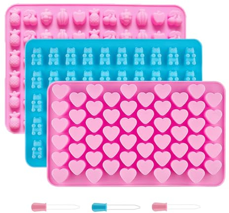 YOYEAH Juego de 3 moldes de silicona para caramelos, forma de corazón y fruta, moldes de silicona reutilizables y pequeños con pipetas, ideal para dulces, gelatinas y cubitos de hielo