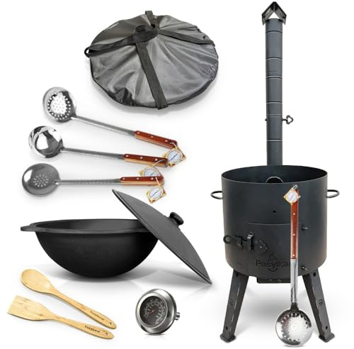 Utschak Feuerofen Ø 44 cm 2 mm Stahl mit Thermometer Usbekische Kazan 16 L runder 2 Schaumlöffel 48 cm Schaumlöffel 64 cm Schöpfkelle 48 cm Löffel und Spatel 35 cm Abdecktasche Boden Kazan (Set 7)