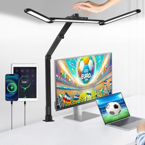 litren Schreibtischlampe Klemmbar Led Tischlampe Schwarz 80cm Extra Breit mit 2 USB-Port Ladefunktion, Gestensteuerung und Timer 24W Tageslichtlampe Schreibtischleuchte Dimmbare Arbeitsplatzleuchte