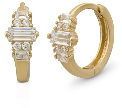 SuzanGold® Ohrringe Damen | Echtgold Kristall Huggies 333 Echtgold mit Zirkonia im Baguetteschliff | Funkelnder Ohrschmuck