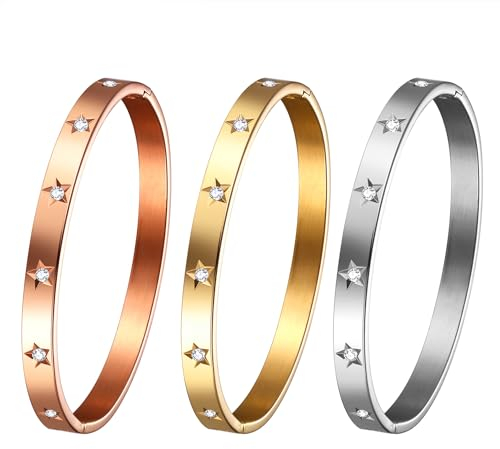 JewelryWe Damen Armreif Stern Armband: 3 Stück Edelstahl Zirkonia Pentagramm Liebe Armband 6mm breit mit Schließe Armspange Manschette Gravur Geschenk