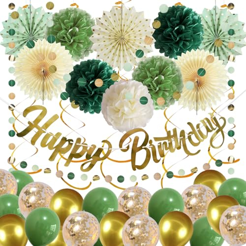 Geburtstagsdeko Frauen, Grün Deko Geburtstag Mädchen Jungen mit Happy Birthday Girlande, Luftballons Grün Gold, Pompons, Hängenden Papier Lüfter, Wiederverwendbare Geburtstag Party Deko