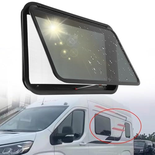 Schiebefenster für Wohnmobile, doppelschichtige, abgerundete Schiebefenster für Wohnmobile, Acrylglas mit UV-Schutz, mit Glasfaservorhängen und Verdunkelungsvorhängen,500x400mm