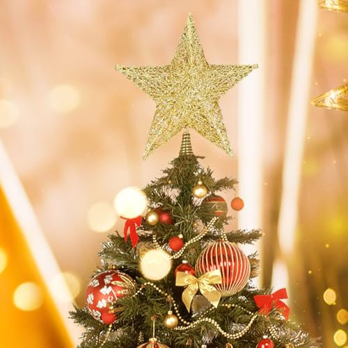 Christbaumspitze Stern, 8-Zoll Weihnachtsbaumspitze-Baumspitze Weihnachten&Tannenbaum Aufstecker, Stern für Weihnachtsbaum für Weihnachtsdekoration, Stern Weihnachtsbaum, Tannenbaumspitze-Metall-Gold