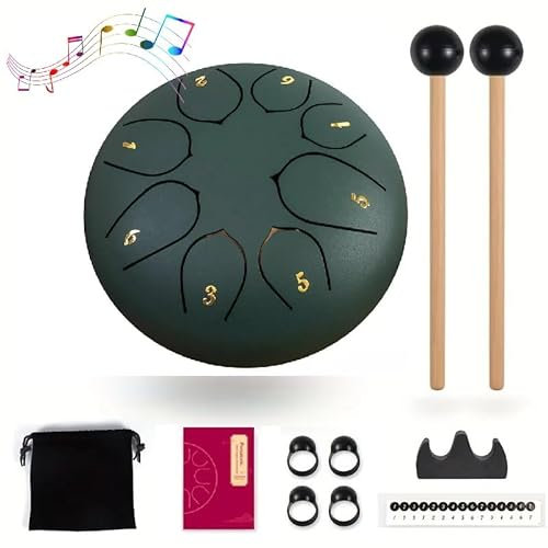 SANHIGHEND Neuer Steel Tongue Drum,8 Noten 15,2 cm Chakra- Regentrommel,C Key Musikinstrument,Für Meditation Yoga Usw,Mit Schlägel,Musikbuch,Fingerpick Usw (grün)