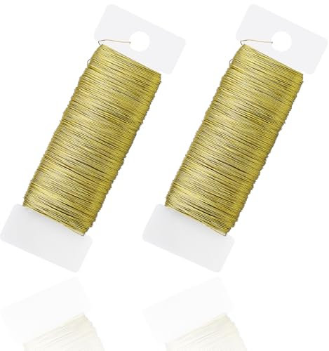 Alambre fino de 0,35 mm x 100 m, 2 rollos de alambre dorado para manualidades, flores, alambre para modelar, alambre para floristería, artesanía, joyería, decoración navideña (rollo de 50 m)