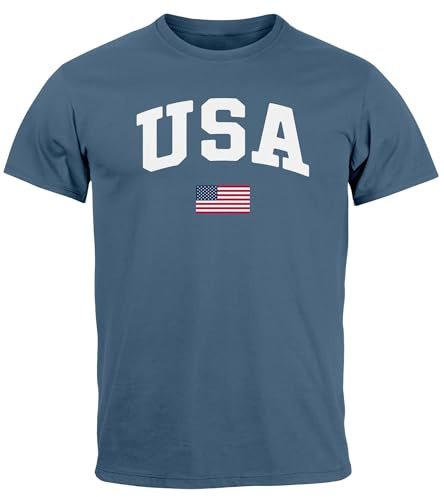 Neverless® Herren T-Shirt USA Schriftzug College Retro US Flagge Amerika Fashion Streetstyle Denim Blue L