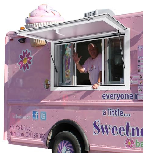 VEVOR Imbissfenster für Imbisswagen 915 x 610 mm großes Servicefenster aus Aluminiumlegierung, bis zu 29° schwenkbares Servierfenster mit 2 Schiebefenstern & Markisentür & Zughaken, für Imbisswagen