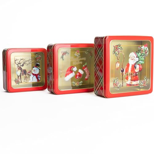 evelay Christmas Biscuit Tin Set – 3-Piece Square Storage Tins with Santa Penguin Snowman Design | Festive Metal Containers for Cookies | Stackable Christmas Tin Boxes – Small, Medium & Large
