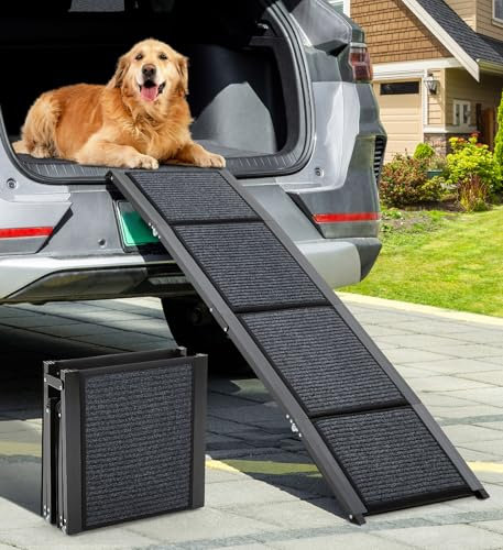 The Fellie Dog Ramps for Cars, 160cm Portable Pet Ramp, Non-Slip Safety Rug Surface Dog Ramp, Dog Steps Stairs for Large Dogs Up to 230LBS, Lightweight&Folding, Aluminium Dog Ramp for Cars, SUV, Truck