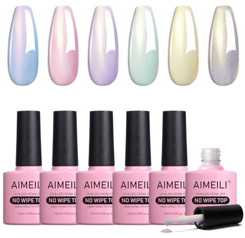 AIMEILI Glitzer Top Coat Perlmutt Set No Wipe Top Coat Pearl Effect Nail Gel UV Pearl Top Coat Perlmutt Schimmer Nageldesign Set 6-76