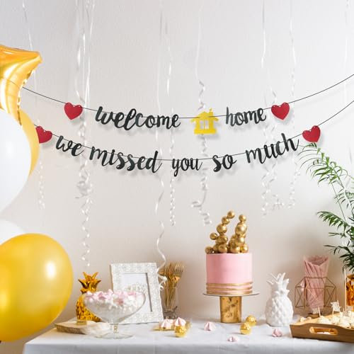 Willkommen Zuhause Banner, Herzlich Willkommen Girlande, Welcome to Home Baby Deko, Willkommen Zurück Party Deko, Welcome Back Banner für Familie Party Dekoration,Heimkehr Party Deko(Schwarze Schrift)
