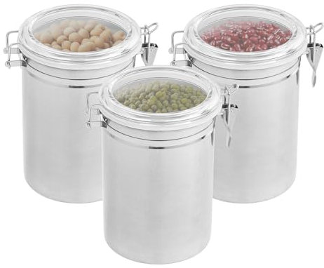 KAPIPALA 3 Stück Vorratsdosen Edelstahl mit Klarem luftdichten Deckeln und Verriegelungsklemme Luftdichte Aufbewahrungsbehälter für Kaffeebohnen, Getreide, Süßigkeiten 1800ml