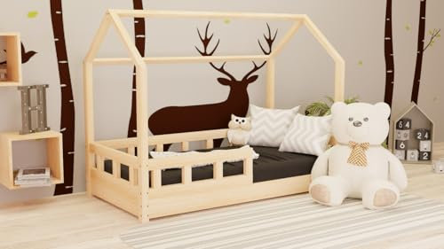 Holzti - Hausbett 200x180cm, Klarlack - Kinderbett aus Holz, mit Lattenrost und abnehmbarem Rausfallschutz - Bodenbett bis 180 kg Belastbar, aus Kiefernholz - für Mädchen, Junge