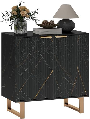 HOMCOM Sideboard Storage Cabinet, Marble Effect Buffet Cabinet with 2 Fluted Doors and Adjustable Shelves, Coffee Bar Cabinet with Metal Legs for Living Room, Black