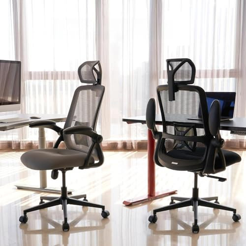 Realm of Thrones Captain Ergonomischer Bürostuhl für Zuhause, Robuste Stahlbasis, Klappbare Armlehnen, Verstellbare Lendenstütze, Atmungsaktive Netzlehne, Komfortsitzkissen Schreibtischstuhl (Grau)