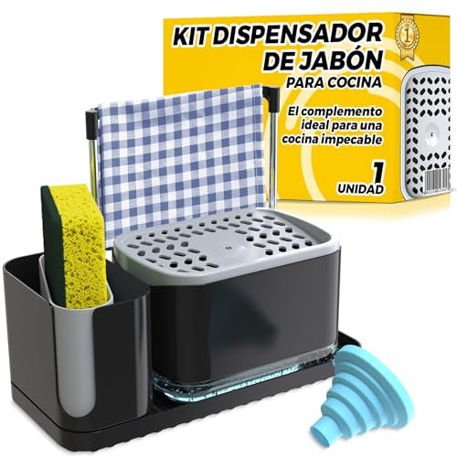 Dispensador Jabón Cocina Negro, Organizador de Cocina para Fregadero con Soporte para Cepillo, Estropajero, Jabonera y Dosificador Jabon Cocina, Accesorios Fregadero con Embudo - 1 Pieza