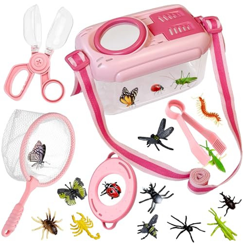 Kulveanju Kit Esploratore Bambini Giochi da Esterno, Set Caccia Insetti, Casella di Osservazione degli Insetti, 12 Insetti Finti, Gioco Kit Osservazione Regalo per 4 5 6 7 8 Anni, Rosa