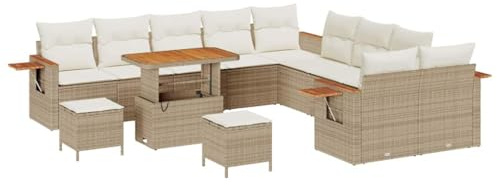 vidaXL 13-teiliges Garten-Sofa-Set mit Kissen in Beige aus Poly Rattan und Akazie | UV-beständige modulare Gartenmöbel für bis zu 6 Personen. Stylische Lounge für Deine Terrasse.